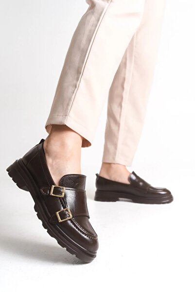 Moda Anna Дамски обувки Loafer - Неформални мокасини с катарама за жени в здрав кафяв цвят