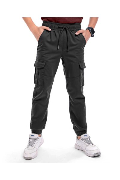 Pine kids بنطلون قطني منسوج بطول كامل مع جيب بلون موحد - أخضر غامق