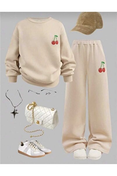 buendiakids Kız Çocuk 2'li Paket Bej Minimal Kiraz Baskılı Bisiklet Yaka Bol ...