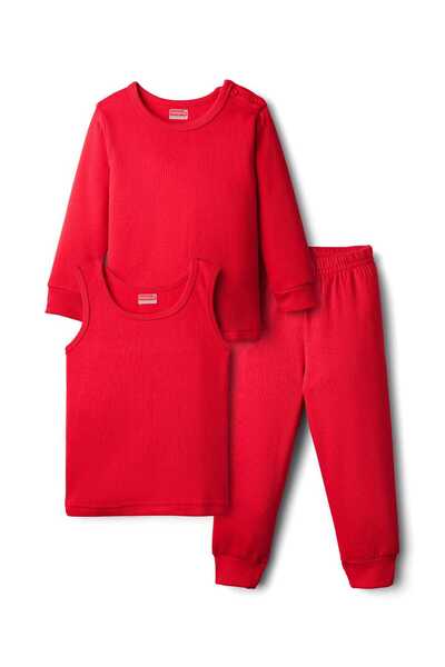Babyhug Knit Full Sleeves Solid Thermal Vest, Pullover, & Pants Set - Red