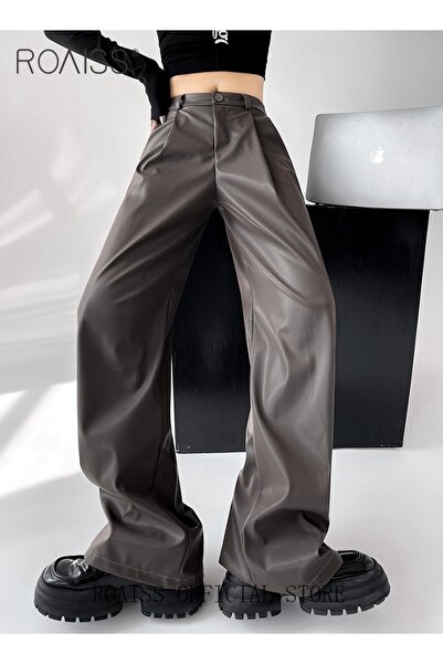 ROAISS Women Slim Fit Leather Pants Relaxed Fit Straight Leg Trousers Ladies ...
