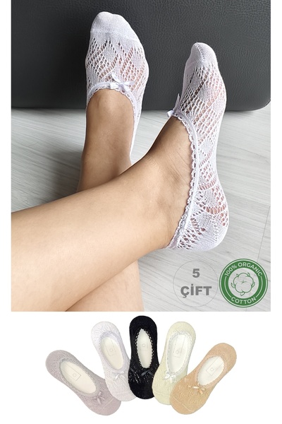 Onouqo 5 Çift Kadın Dantelli Fiyonklu Babet Çorap Seti – %100 Organik Pamuk, ...