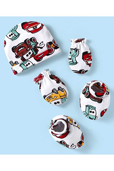 Babyhug Disney قبعات وقفازات وجوارب محبوكة متداخلة بنقشة سيارات - أبيض