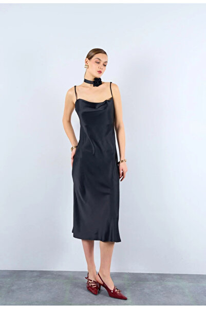 My Blog Black Thin Strap Flounce Satin Dress - 241001