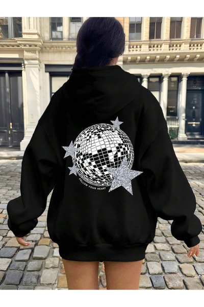 WESTİMO سويت شيرت نسائي أسود ديسكو 3 Thread O قصة فضفاضة K بغطاء رأس