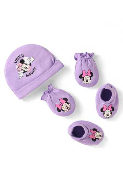 Babyhug Disney طقم قفازات وقبعات محبوكة متشابكة مع رسومات ميني ماوس - لون لافندر