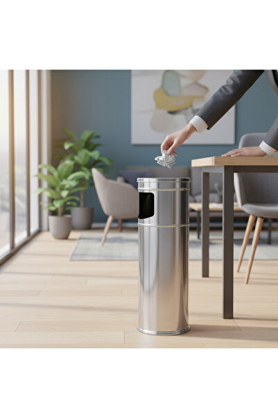 İSAOĞLU YAPI منفضة سجائر قائمة بذاتها من الفولاذ المقاوم للصدأ بلون الكروم، منفضة سجائر صناعية للاستخدام الخارجي