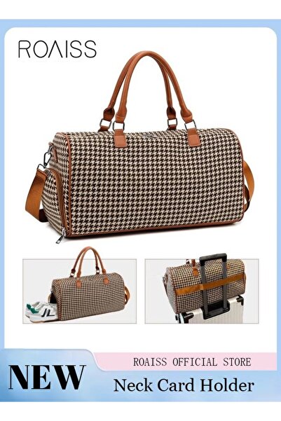 ROAISS حقيبة سفر بنية اللون كبيرة السعة بنقشة مربعات هاوندستوث، بتصميم كلاسيك...