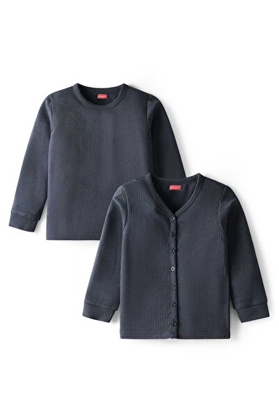 Babyhug ملابس داخلية حرارية بأكمام طويلة من القطن المحبوك، لون موحد، عبوة من قطعتين - أزرق داكن