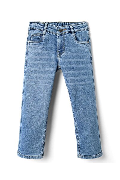 Pine kids بنطال جينز مغسول بطول كامل من قماش الدنيم المنسوج - أزرق