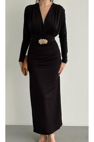 khar Long Dress with Belt and Gathered Detail