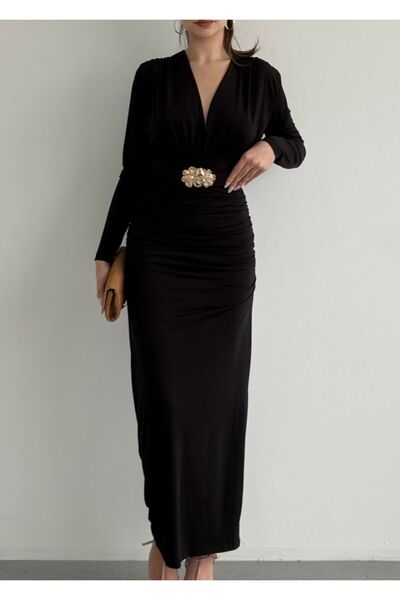 khar Kemerli Büzgü Detay Uzun Elbise