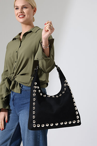 Encool Geantă de umăr pentru femei, din piele intoarsa neagră, cu detalii cu capse, elegantă și modernă