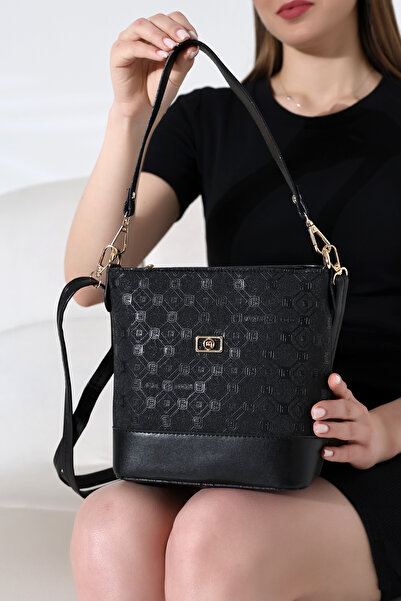 Encool Women's Bag Black Bucket Model Printed Single Compartment Crossbody Shoulder and Hand Bag