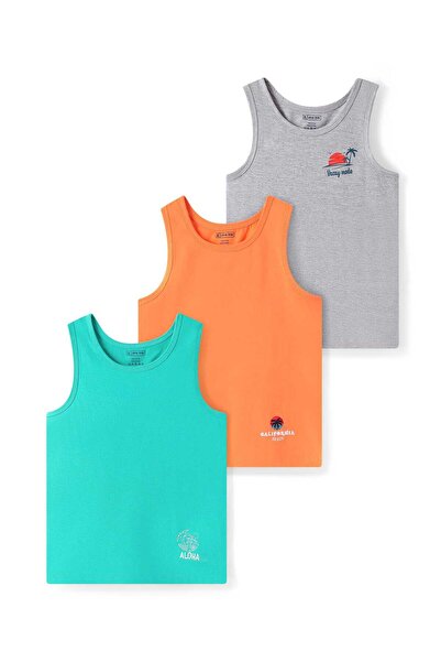 Pine kids Cotton Vests with Beach Theme Print (Pack of 3) - Grey, Orange, & Green