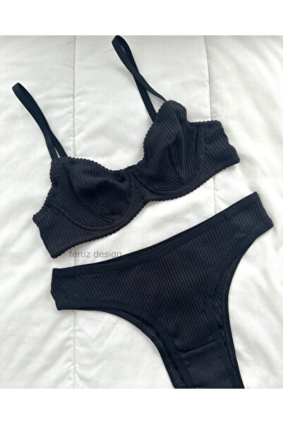 Feruzdesign Dali Siyah Pamuklu Balenli Sütyen Takımı