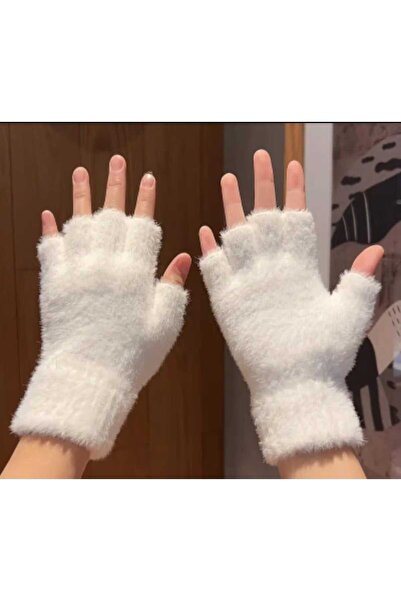 PAWNEST Kadın Yarım Parmak Kışlık Polar Eldiven – Yumuşak, Sıcak Tutan (Siyah / Beyaz)