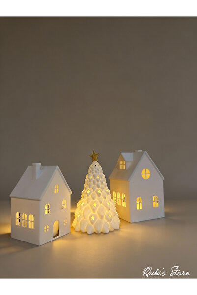 Qukis Store 3'lü, Işıklı Noel Evi, Kış Masalı YIlbaşı Süsü, Tealight - Led Mu...