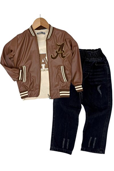 Ege Bebek Formă îngustă! Băiat 5-12 ani cu jachetă din piele și pantaloni din denim 3 piese set , băiat din denim