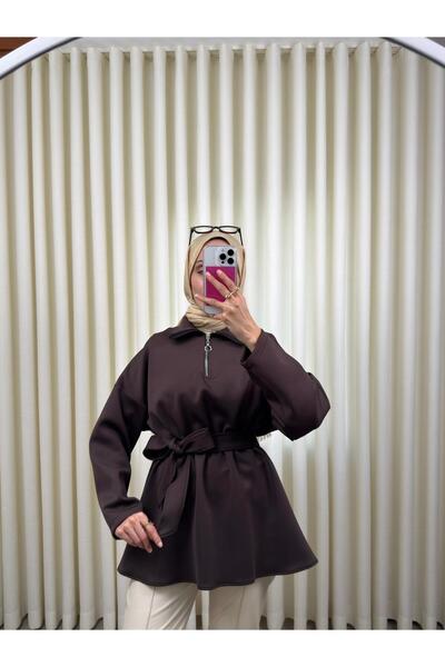 VOICTEC Women's Gathered Waist Zipper Detailed Belted Mock Neck Scuba Tunic