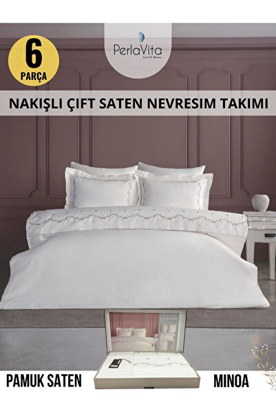 Dantela Minoa Nakışlı Pamuk Saten Nevresim Takımı - Krem 6 parca