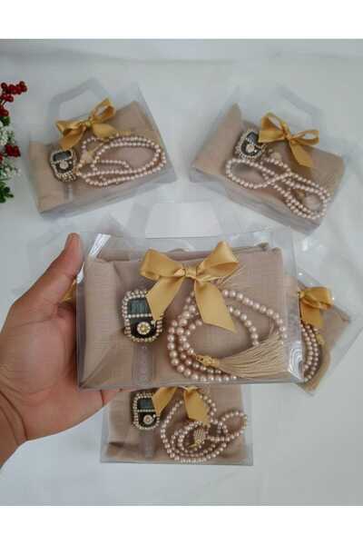 hira tasarım 10 Adet Hac Umre Seti Hediyelik Başörtü İnci Tesbih Taşlı Zikirm...