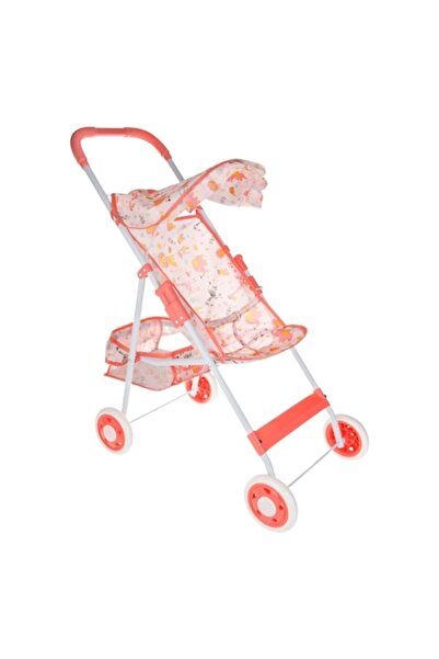 OEM Cărucior pentru păpuși roz somon cu model animalier, cadru alb, coș mic d...