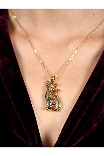 botanica Minimal Taşlı Kedi Figürlü Gold Renk Çelik Kolye