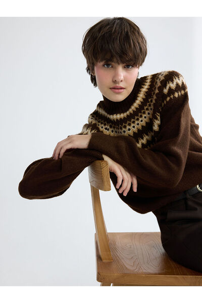 LC Waikiki Brown Half Turtleneck Patterned Women's Knitwear Sweater