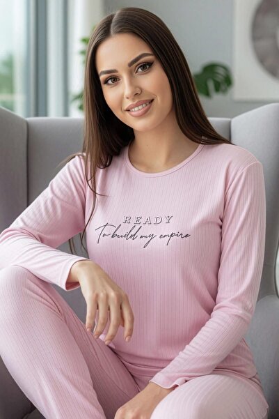 Pijamaevi Light Pink Ready Patterned Long Sleeve Dublin Knitted Women's Pajama Set