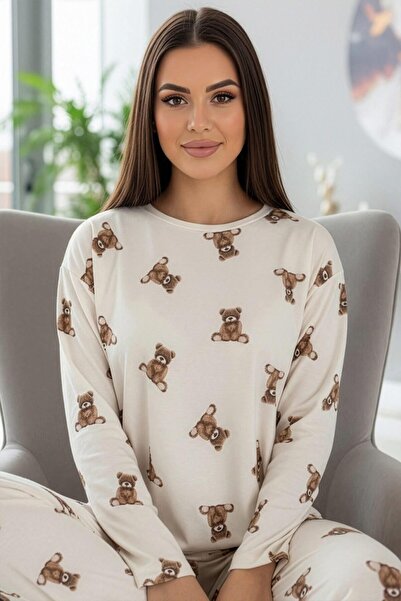 Pijamaevi Set de pijamale pentru femei Bamboo din material subțire cu mâneci lungi cu model Teddy bej