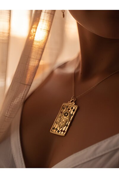 botanica Mistik Tarot Kartı Figürlü Gold Renk Çelik Kolye