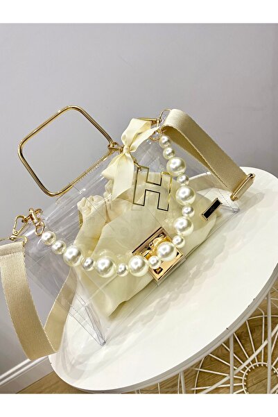 AREV BAGS Krem İncili Şeffaf Çanta, İncili Kadın Çanta