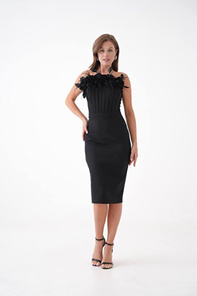 zoezoe KORSAJ KESİMLİ TÜYLÜ ÇİÇEK YAKA DETAYLI MİDİ BOY ÖZEL GÜN DAVET ELBİSESİ