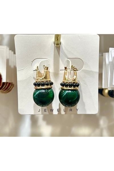 GLOW ACCESSORIES BAE Yeşil Retro Top Tasarım Çelik Küpe