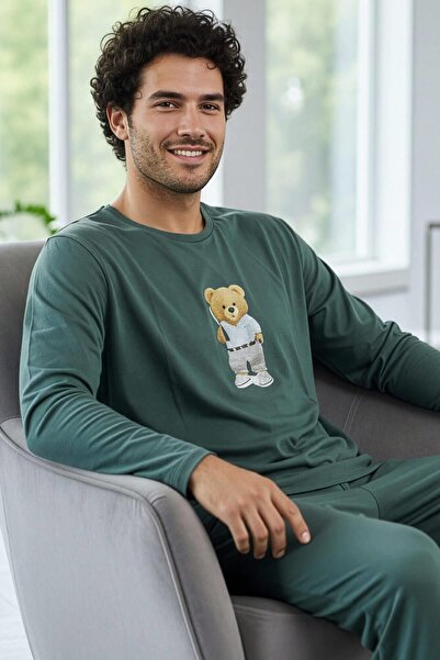 Pijamaevi Set de pijamale cu mâneci lungi pentru bărbați, cu model Green Bear
