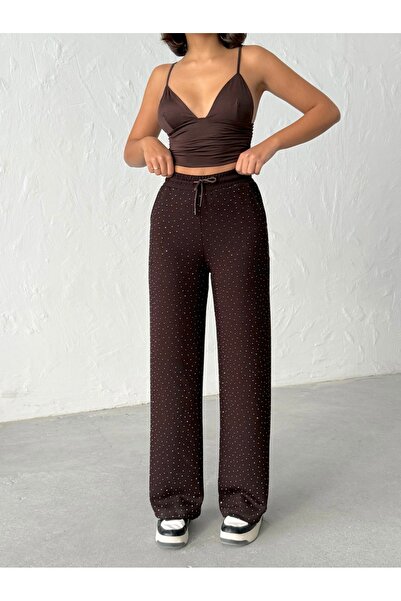 veres بنطلون نسائي من قماش مودال فيفا براون ستون ذو أرجل واسعة وخصر عالي مع أ...