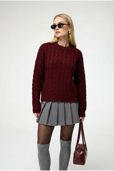 Trendiz Kadın Baklava Desenli Kazak Bordo