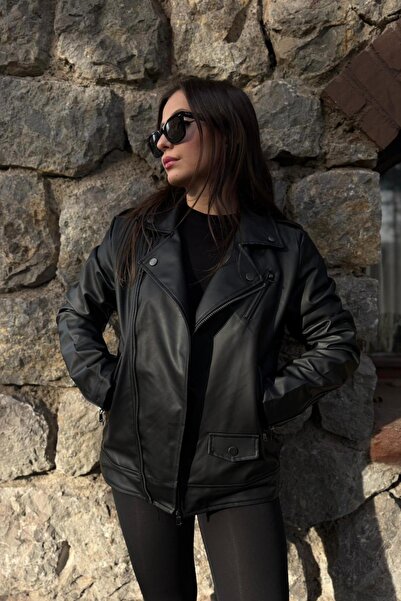 Jaglion Oversize New Season P&B Women's Black Leather Jacket