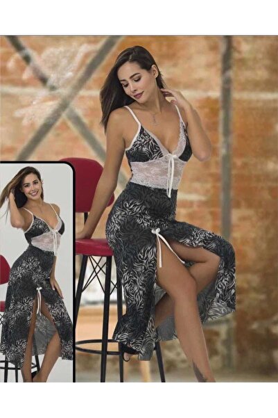 ZAVERA WOMAN Women's Long Slit Lace Detailed Long Nightgown - 100% Cotton