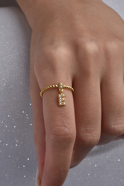 jelux silver Gümüş 925 Ayar Zirkon Taşlı E Harf Ayarlanabilir Gold Yüzük