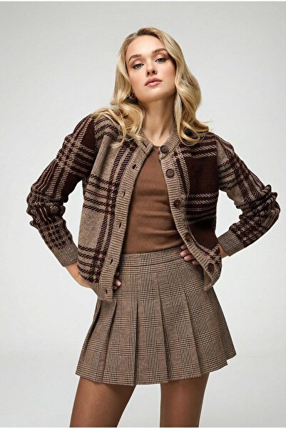 Trendiz Kadın Kareli Örgü Triko Hırka Vizon 7000