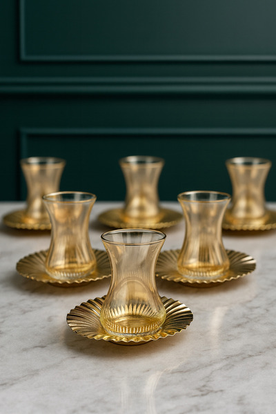 AENLINE HOME 12 Parça Amber Cam Çay Bardağı Seti – Altın Renkli Tabaklı, 6 Ki...