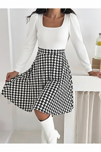 MaxiMor Women's White Color Square Neck Long Sleeve Skirt Micro Fabric Kilos Dress