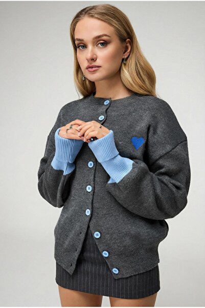Trendiz Kadın Mavi Kol Detaylı Düğmeli Hırka Kazak Antrasit