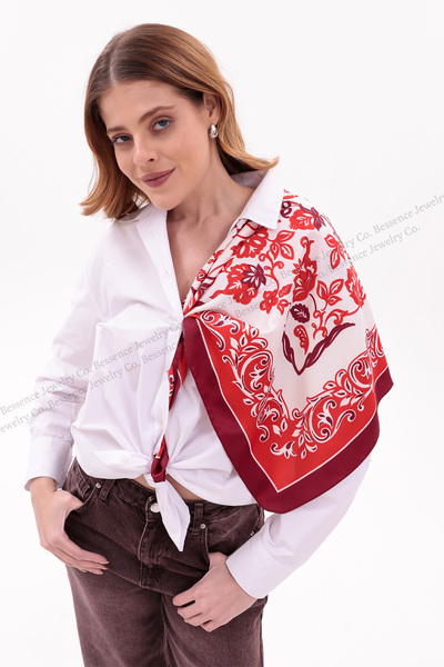 Bessence Jewelry Co Scarlet Garden Silk-Touch Kadın Fular – 70x70 CM