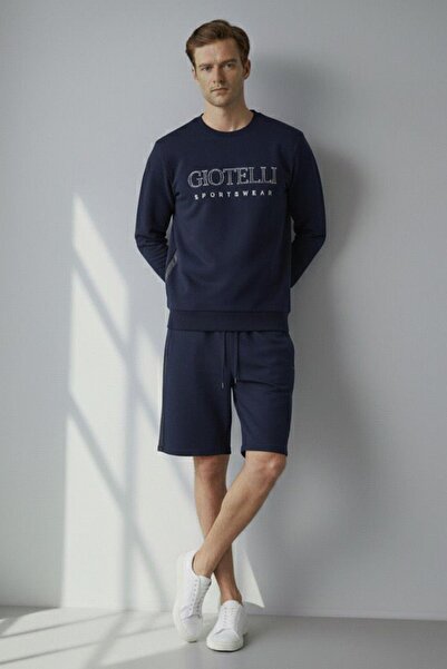 Sabri Özel Giotelli Navy Blue Regular Fit Printed Crew Neck Shorts Set