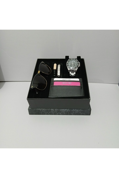 shop Erkek gümüş renkli saat gold detaylı gözlük iki adet bileklik kartlık