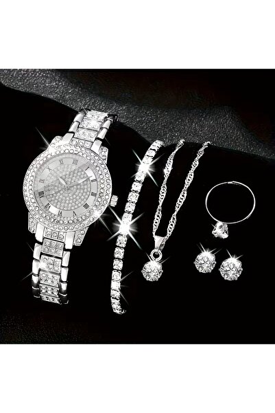 Ayzen 6 adet şık saat seti kolye küpe bileklik yüzük (Kutulu)