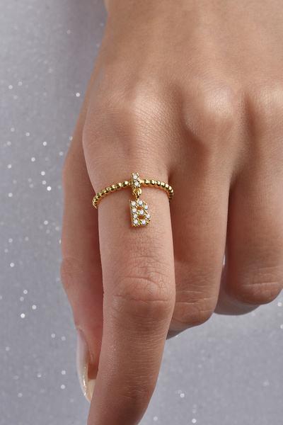 jelux silver Gümüş 925 Ayar Zirkon Taşlı B Harf Ayarlanabilir Gold Yüzük